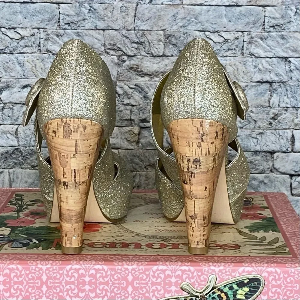 Kaya Gold Glitter Heels Platform Cork Wedge Dance Party New Years Eve SZ 6